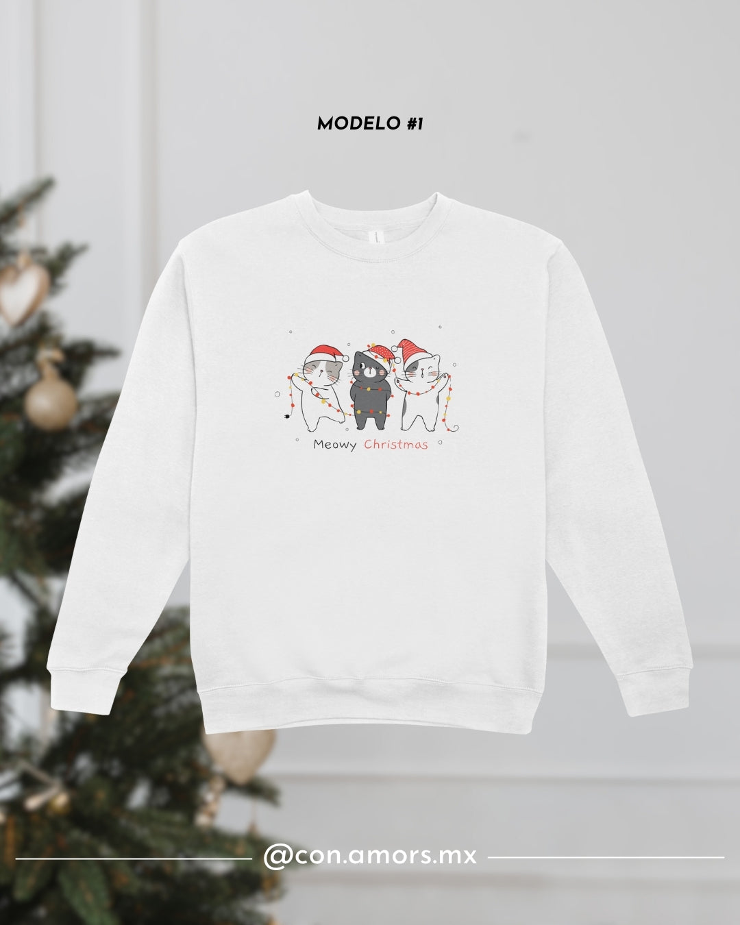 Sudadera Navideña de Cuello Redondo - Meowy Christmas