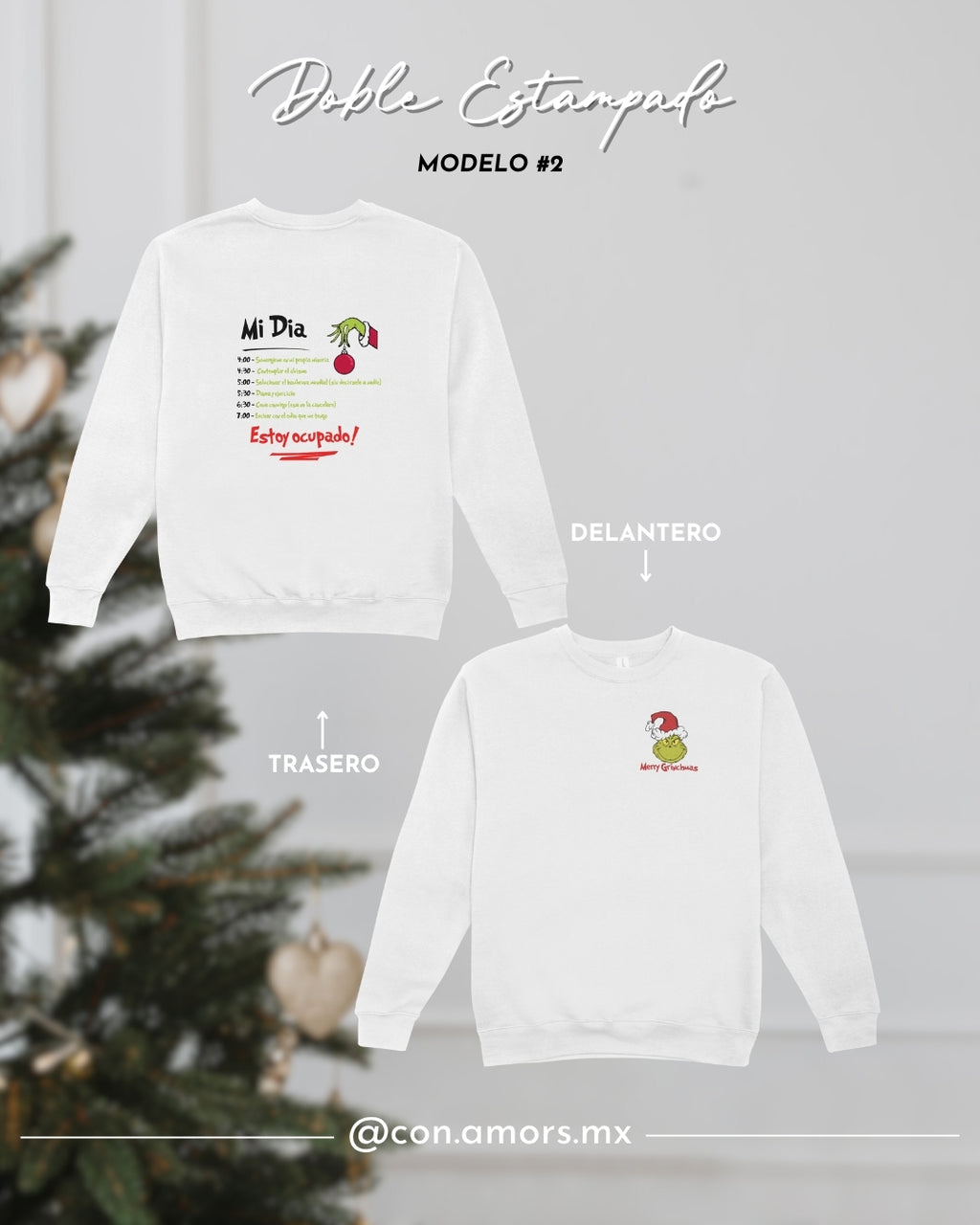 Sudadera Navideña de Cuello Redondo Doble Estampado - Grinch