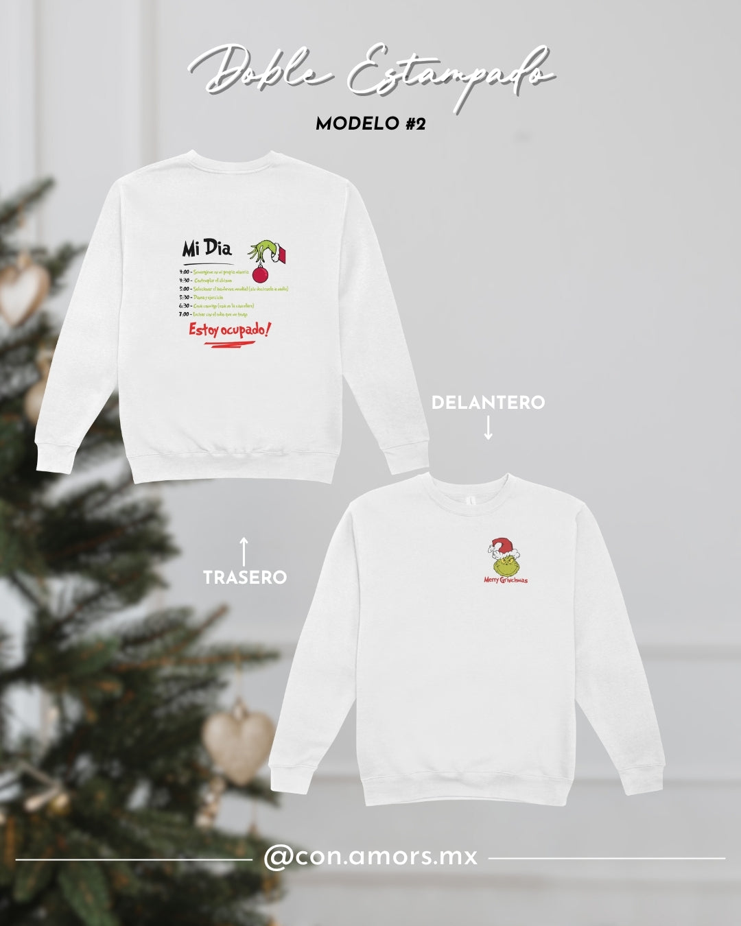Sudadera Navideña de Cuello Redondo Doble Estampado - Grinch