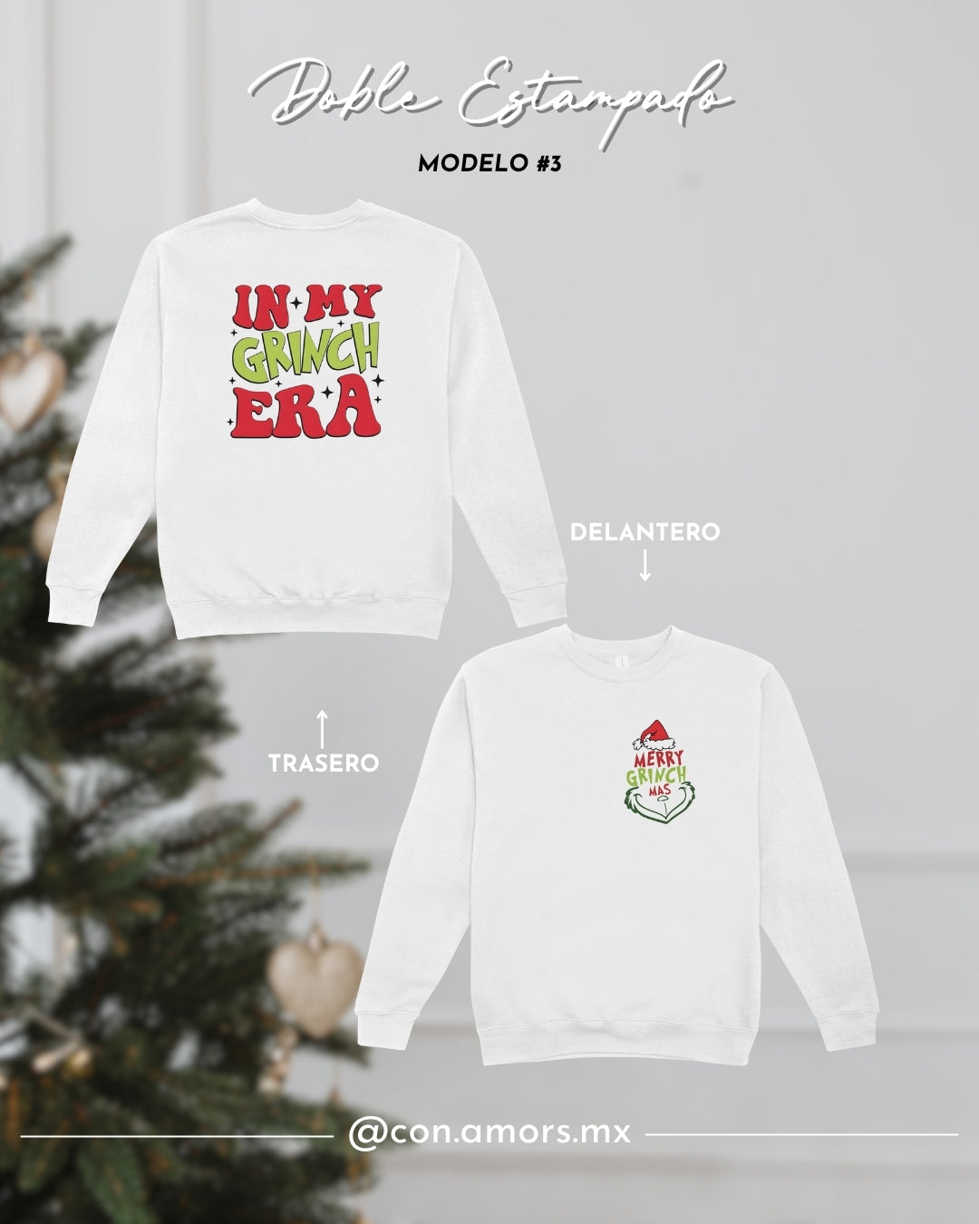 Sudadera Navideña de Cuello Redondo Doble Estampado - Grinch