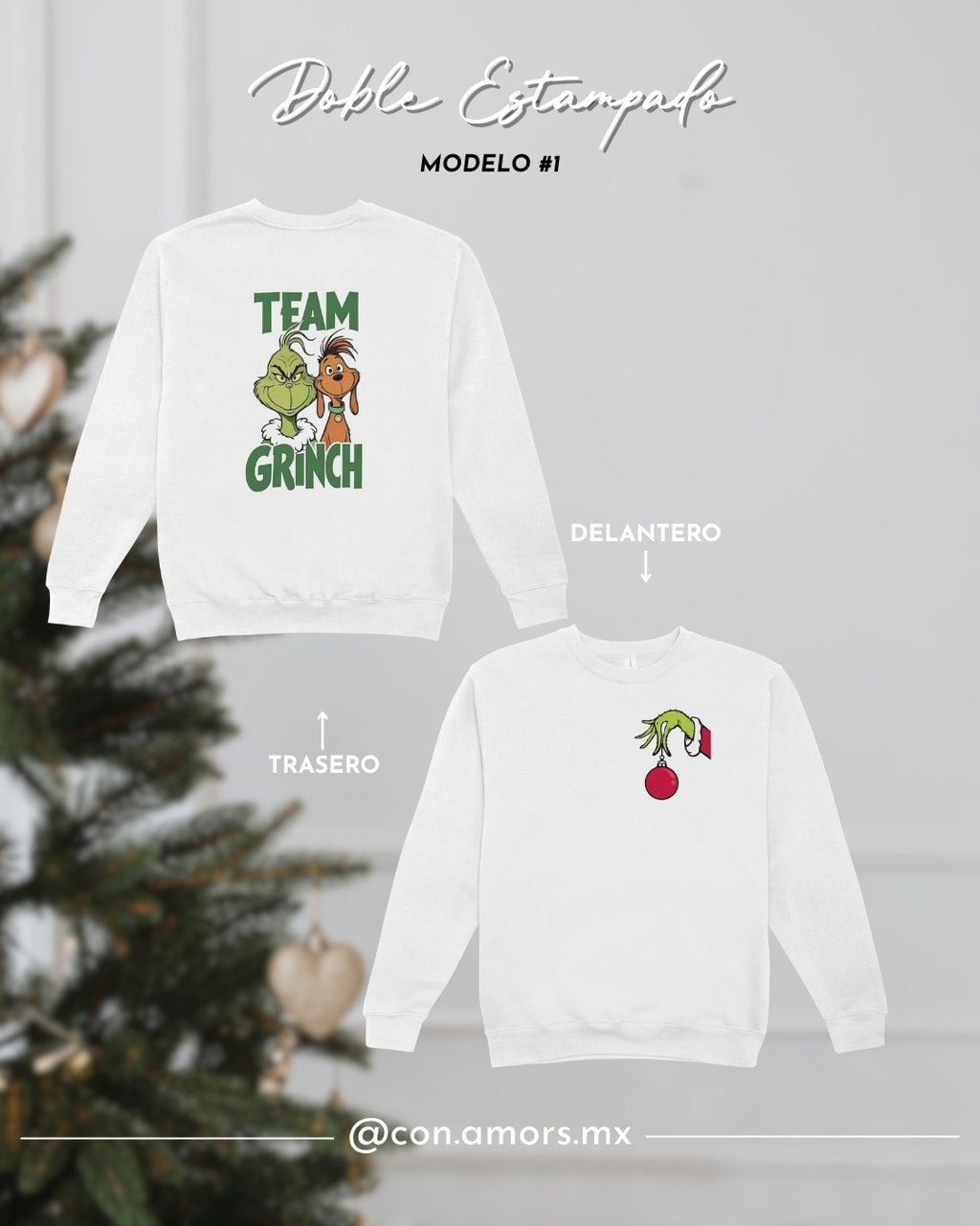 Sudadera Navideña de Cuello Redondo Doble Estampado - Grinch