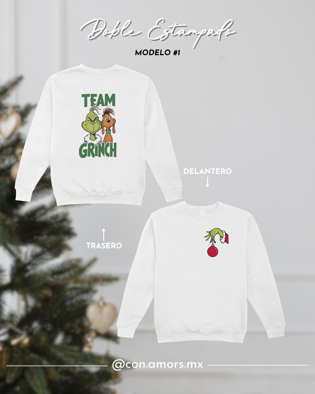 Sudadera Navideña de Cuello Redondo Doble Estampado - Grinch